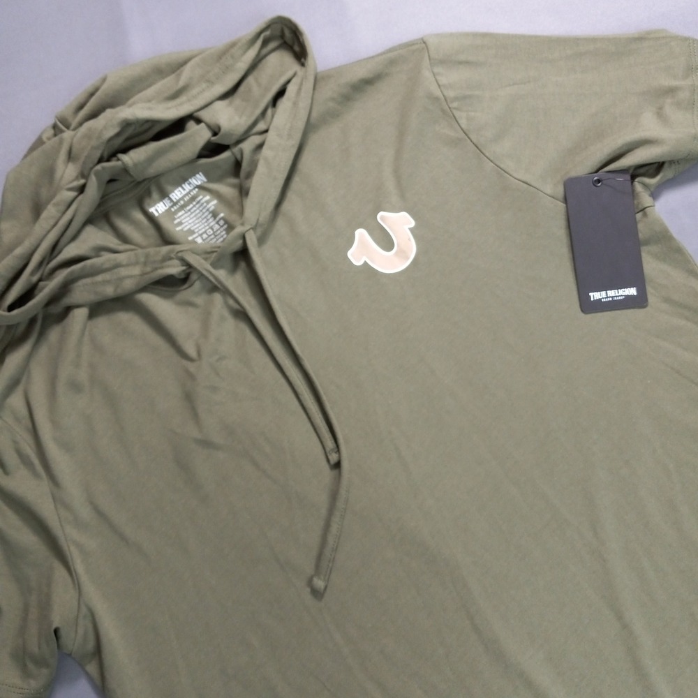 True Religion Mens Olive Green Short Sleeve Hoodie Buddha Graphic Tee Size L NWT